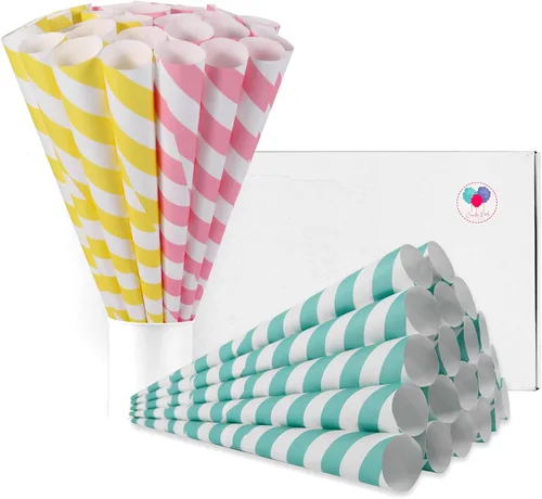 Vista 13 de Conos de algodón de azúcar, paquete de 30 unidades pastel para bebé, conos de papel multicolor de Candy Park para máquinas de algodón de azúcar