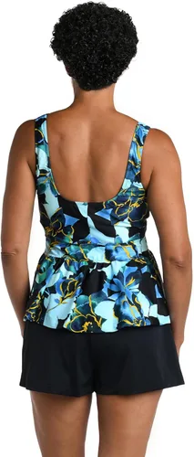 Vista 2 de Maxine of Hollywood Women's Over The Shoulder Empire Tankini Swimsuit Top Negro/ Jardín iluminado por la luna