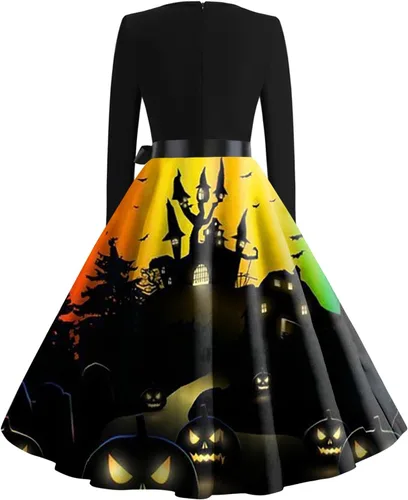 Vista 3 de Disfraces de Halloween de talla grande para mujer, vestido largo de otoño, vestido con vuelo, diseño de esqueleto y calabaza, disfraz de fiesta