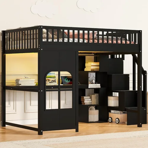 Vista 13 de Playhouse Wood Twin Size Loft Bed with Storage Staircase, Desk, Shelves