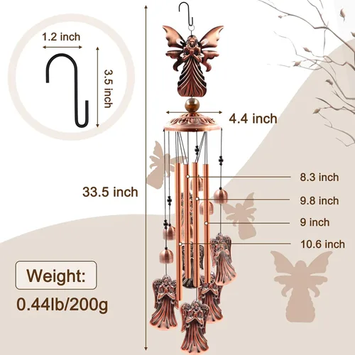 Vista 3 de Campanillas de viento para exteriores en liquidación, Ukulork Angel campanilla de viento de tubo de aluminio con gancho en S, decoración de patio