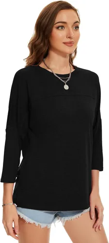 Vista 60 de ZENNILO Camisetas casuales de manga 3/4 para mujer, holgadas, cuello redondo, lindas camisetas básicas
