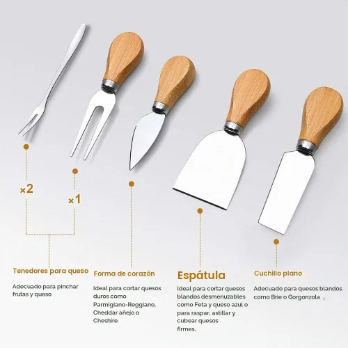 Vista 4 de Juego de tablas de bambú para charcutería con 4 cuchillos de queso, plato para servir 4 cuchillos de acero inoxidable, tabla de cortar. Ideal