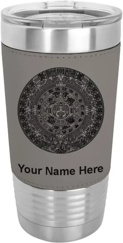 Vista 16 de LaserGram Vaso aislado al vacío de 20 onzas, calendario azteca, grabado personalizado incluido (piel sintética, estilo béisbol)