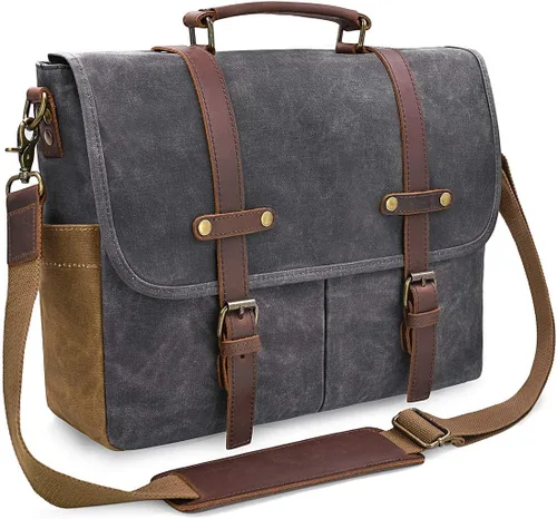 Vista 10 de Bolso mensajero para hombre de 15.6 pulgadas, impermeable, de cuero auténtico, encerado, maletín de lona grande, bolso de hombro de cuero resistente