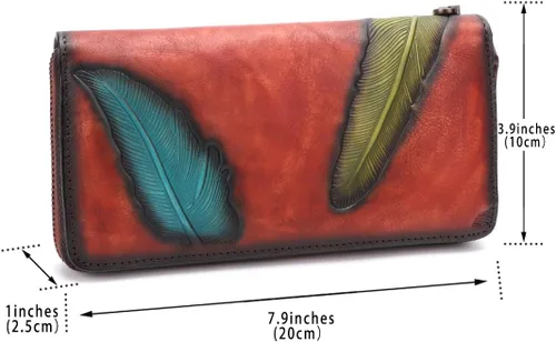 Vista 3 de IVTG Cartera de cuero genuino con cremallera alrededor de la pulsera bolso largo vintage en relieve de piel de vaca capacidad embrague hecho a mano