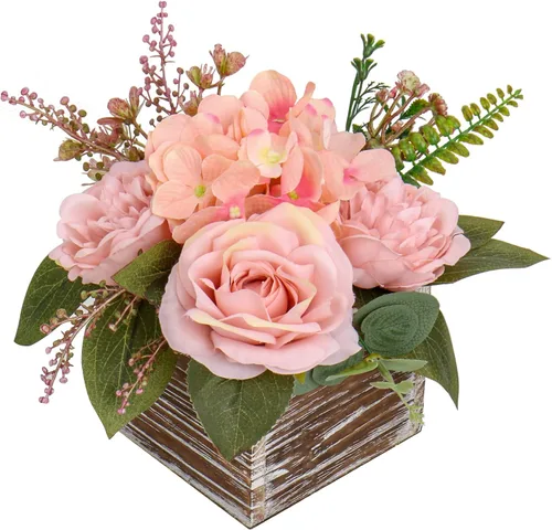 Vista 23 de DILATATA Arreglo floral con jarrón de madera, flores artificiales de 10 pulgadas en maceta, flores falsas en jarrón rectangular de madera blanco