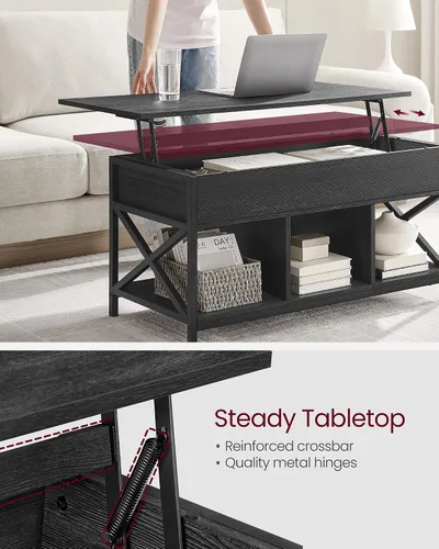 Vista 5 de VASAGLE Mesa de Centro con Tapa Elevable, Mesa de Café Elevable con Estante de Almacenamiento, Compartimentos Ocultos y Tapa Elevable, para Sala