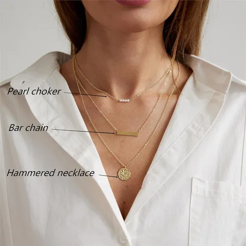 Vista 5 de ASCOMY Collares en capas para mujer, delicado collar de oro de 14 quilates chapado en oro de espiga para mujer, collar de cruz de perlas, clip