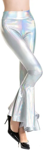 Vista 3 de Pantalones metálicos brillantes y ajustados con parte inferior acampanada para mujer, aspecto mojado, sirena, elásticos, de cintura alta, pantalones