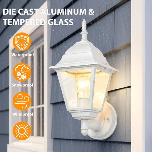 Vista 4 de Faroles de pared para exteriores, paquete de 2 luces blancas impermeables para porche, con vidrio transparente, aplique de aluminio resistente a