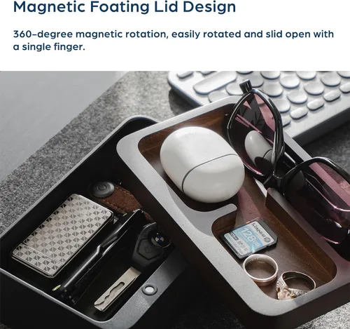 Vista 4 de mordeco Revov - Caja de bandeja EDC con tapa giratoria magnética de madera auténtica, mesa de oficina, organizador de equipo EDC, oficina en casa