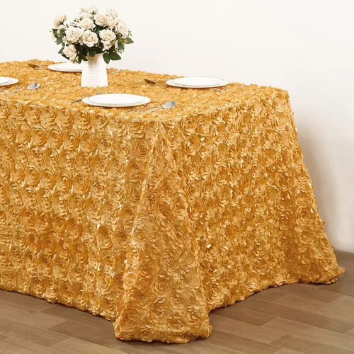 Vista 6 de QueenDream Mantel de roseta dorada de 90 x 132 pulgadas, mantel floral rústico para bodas, fiestas de cumpleaños, eventos y decoración