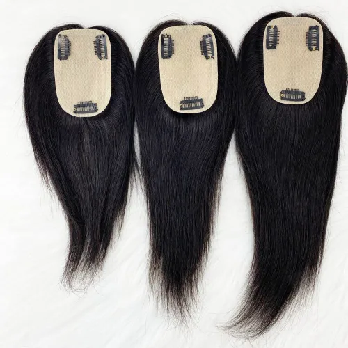 Vista 3 de 3.1x4.7 in piel base seda pelo humano touper con 3 clips en la parte superior del cuero cabelludo virgen europeo pelo tupé para mujeres para ocultar