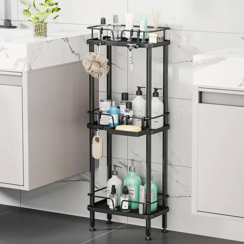 Vista 7 de HapiRm Organizador de ducha de esquina de pie, organizador de ducha de esquina de 3 niveles con soporte para jabón, estante de baño de acero
