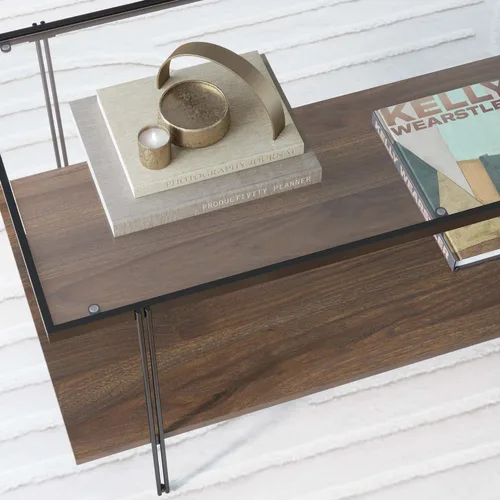 Vista 5 de Nathan James Asher Mid-Century - Mesa de centro rectangular con parte superior de cristal y estante de almacenamiento con acabado de madera con Negro