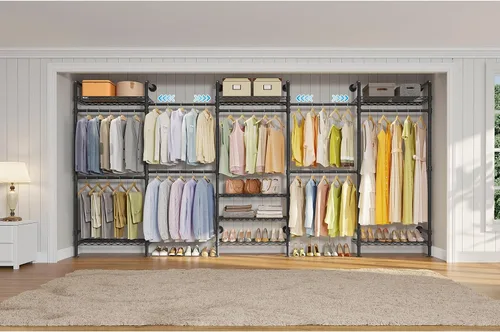 Vista 2 de Timate F5 Perchero de ropa expandible montado en la pared con 8 estantes ajustables y 4 varillas colgantes expandibles, perchero de ropa de tubería