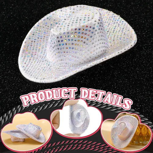 Vista 3 de Vesici 30 piezas de mini sombrero de vaquera occidental botas de tiro de vaquera diminuta vaquera con purpurina lentejuelas plata sombrero