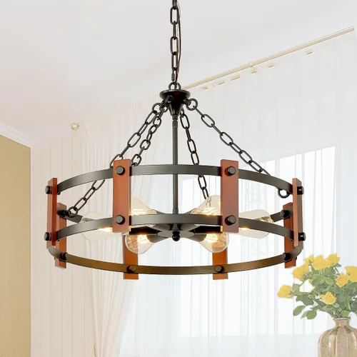 Vista 16 de Lámpara de Araña Estilo Granja, Lámpara Colgante Moderna, Luminaria de Techo Rústica de 4 Luces, Lámpara de Araña Vintage para Pasillo Vestíbulo