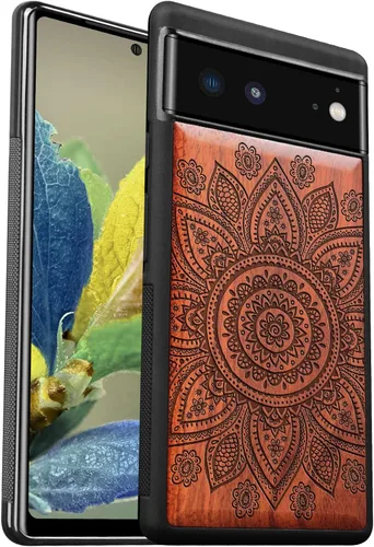 Vista 10 de Carveit Funda de madera para Pixel 6 Pro [madera real dura y TPU suave] a prueba de golpes, funda de madera única y elegante compatible con Google