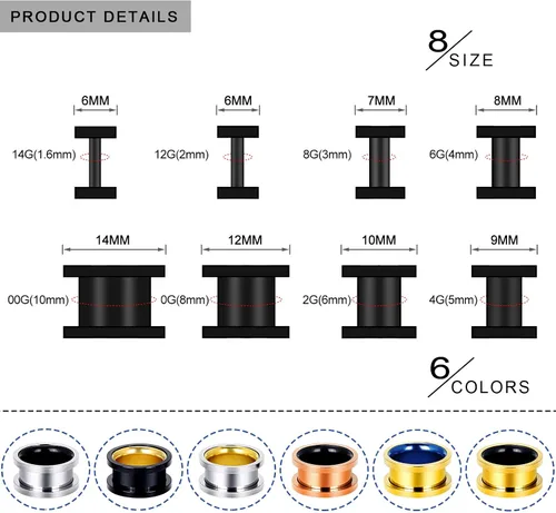 Vista 3 de Stuppendux 4 pares6 pares de dilatadores de oreja de acero inoxidable con doble acampanado para dilatadores de oreja, aretes expansores de carne