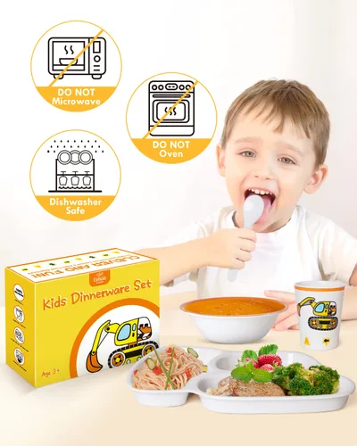 Vista 6 de Lehoo Castle Juego de platos y cuencos para niños, juego de vajilla para niños incluye plato, cuenco, taza y vajilla, hecho de material duradero