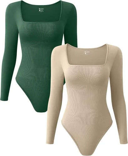 Vista 7 de OQQ Body de 2 piezas para mujer, sexy, acanalado, de una pieza, cuello cuadrado, manga larga, tops Negro Beige