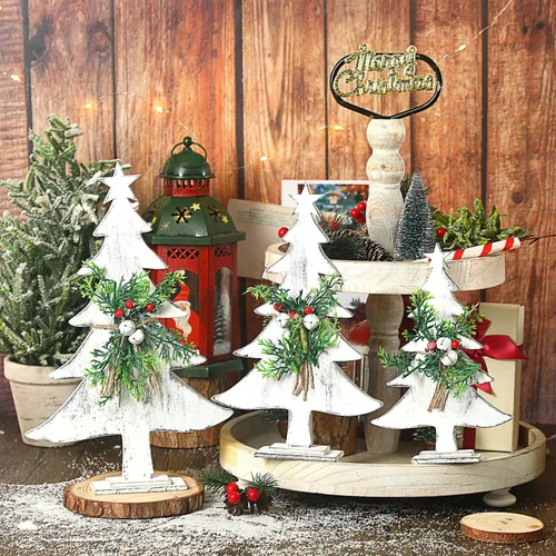 Vista 4 de 3 piezas de decoración de árbol de Navidad en madera estilo granja, árboles de Navidad de madera rústicos pequeños con lijas de arena, estrellas