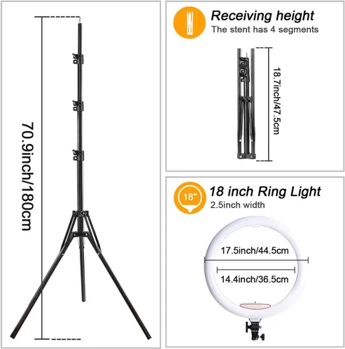Vista 5 de Anillo de luz de 18 pulgadas con soporte de trípode, luz circular LED regulable de 58 W 5500 K para TikTok/Live Stream/Maquillaje/YouTube con bolsa