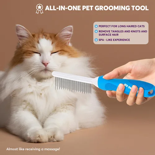 Vista 6 de Peine desenredante de aseo para mascotas para perros y gatos con dientes metálicos largos y cortos de acero inoxidable para eliminar enredos