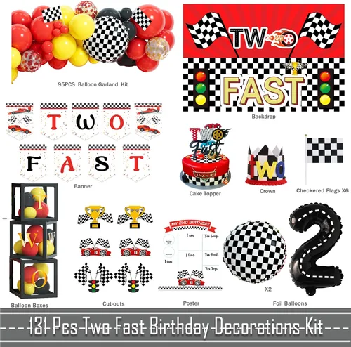 Vista 2 de Decoraciones de Cumpleaños Two Fast – 131 Piezas de Suministros para Fiestas de Cumpleaños con Temática de Autos de Carreras con Fondo Two Fast