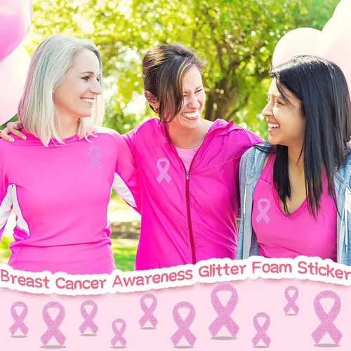 Vista 7 de JULBEAR Adhesivo de espuma para concientización sobre el cáncer de mama, 300 calcomanías de espuma autoadhesivas con purpurina de cinta rosa
