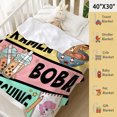Vista 3 de Manta de anime de regalo para niñas, decoración de anime Kawaii para mujeres, manta de franela de dibujo de anime Ramen Boba, cosas para amantes