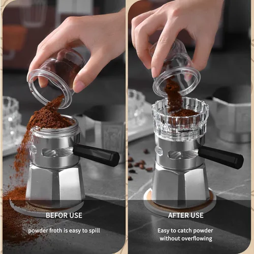 Vista 3 de Bincoo Moka - Dispensador de ollas con 100 piezas de papel de filtro, relleno de polvo giratorio, taza receptora de polvo, embudo, accesorios