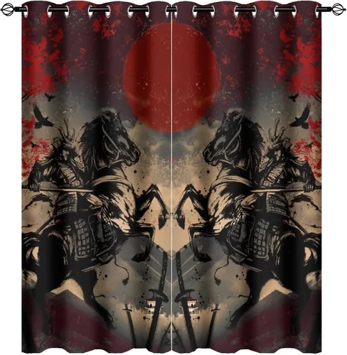 Vista 9 de Cortinas opacas abstractas japonesas samuráis para dormitorio, caballo samurái rústico, rojo, ojal, aislamiento térmico, cortinas de oscurecimiento