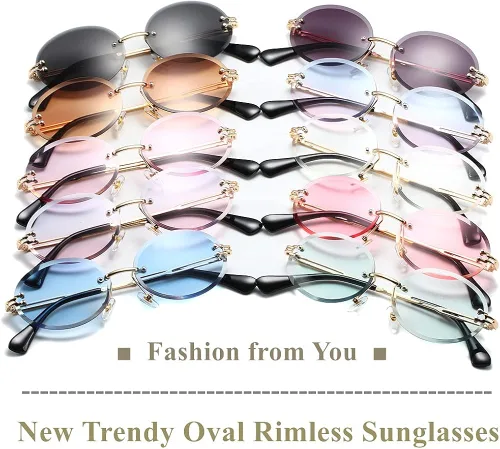 Vista 6 de LASPOR Gafas de sol ovaladas retro para mujeres y hombres a la moda vintage de metal dorado sin marco lentes tintados protección UV400
