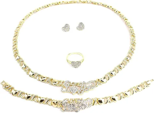 Vista 3 de Juego de joyas para mujer Hugs & Kisses XOXO Corazones 4 piezas collar I Love You Charm incluye collar pulsera anillo pendientes chapado en oro