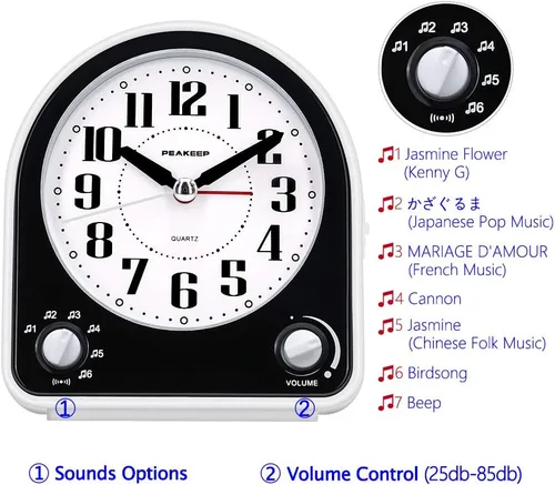 Vista 2 de Peakeep Reloj despertador analógico silencioso sin tictac, 7 sonidos de Negro