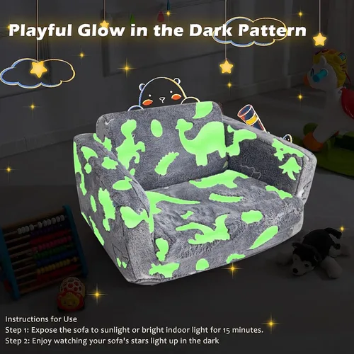 Vista 6 de Asou Sofá infantil que brilla en la oscuridad, sofá plegable para jugar, mini sofá de dinosaurio para niños pequeños