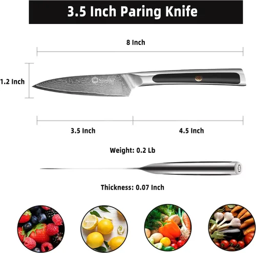 Vista 5 de Sunnecko Cuchillo de pelar de 3.5 pulgadas, cuchillo para frutas con hoja de acero damasquino VG-10 de 67 capas, cuchillo pequeño para pelar