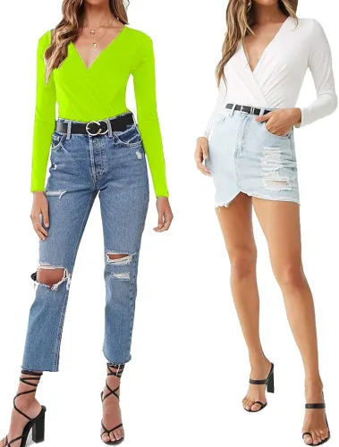 Vista 5 de LINMON Body de manga larga para mujer Surplice fruncido con cuello en V profundo y elástico