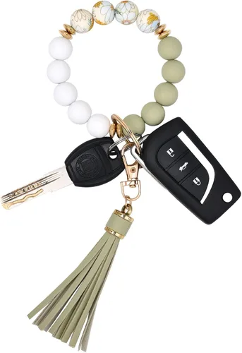 Vista 10 de BAOSIWA Pulsera de cuentas de silicona, llavero de pulsera, cadena para mujer, con borla de cuero Negro