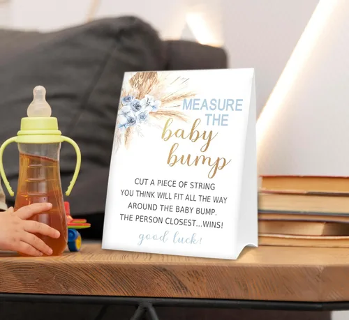 Vista 5 de Letrero de Baby Shower Games Measure the Baby Bump, How Big is Mommy's Belly Party Favors, cartel de pie Kraft de 5 x 7 pulgadas y 50 tarjetas
