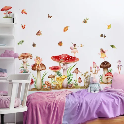 Vista 4 de Amaonm - Calcomanías de pared 3D removibles de dibujos animados coloridos de hongos elfos de princesa en ángulo murales para decoración