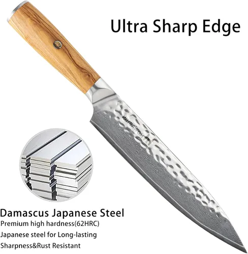 Vista 7 de Cuchillo de chef japonés de 8 pulgadas, cuchillo de chef profesional afilado, cuchillo de cocina de acero inoxidable Damasco VG-10 con mango