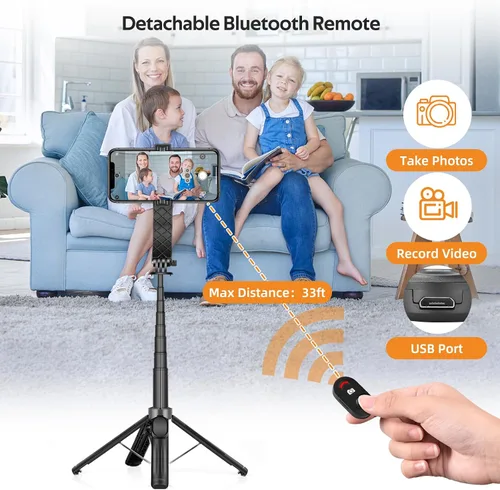Vista 3 de UTEBIT Trípode para selfie stick con luz, soporte de trípode portátil de 40 pulgadas con control remoto inalámbrico, tornillo de 1/4 pulgadas
