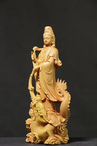 Vista 5 de Estatua de Quan Yin de pie en dragón, Kwan Yin Misericordia Diosa china Feng Shui escultura tallada a mano boj femenino Buda Budista Decoración