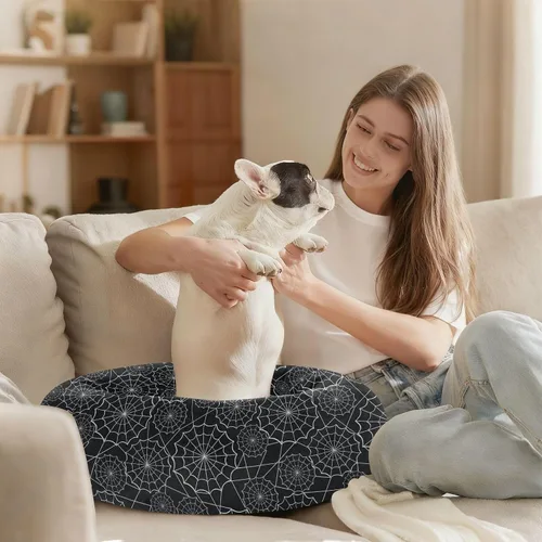 Vista 8 de Wudan Pet Cat Beds Donut Cuddler Fluffy Cat Cave Bed for Extra Small Size Pets Supplies XS Black and White Spiders Web