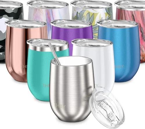 Vista 6 de THILY Vaso de vino aislado de acero inoxidable de 12 onzas, copa de vino sin tallo con tapa deslizante y popote de metal, taza de viaje que mantiene