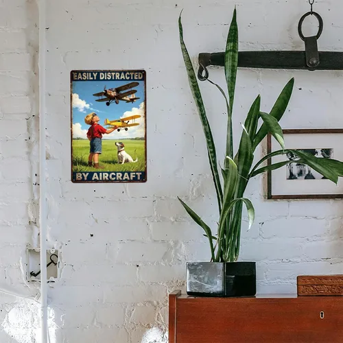 Vista 7 de GLOBLELAND Vintage Airplane Metal Tin Sign 12x8 inch Easily Distracted by Aircraft Tin Signs Retro Plane Metal Wall Poster Plaque for Home Office
